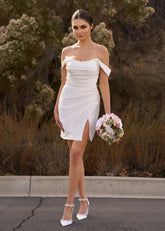Eileen | Simple Cowl Neck Pleated Short/Mini White Satin Wedding dress with Slit and Off the Shoulder - Price #price_variant_lowest# - White - PromDressClub